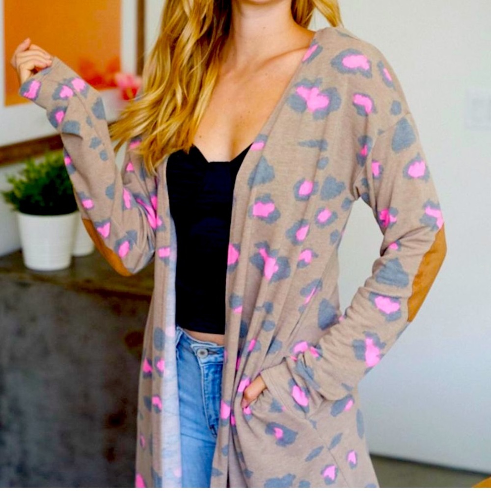 Pink and brown animal print cardigan with elbow patches